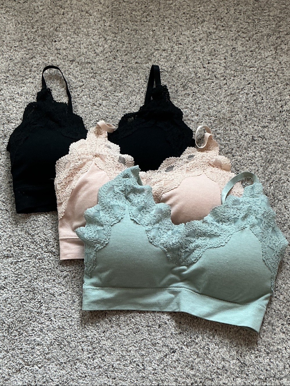 New Lace-Trim Bralette Bundle ~ Black, Blush, Sage